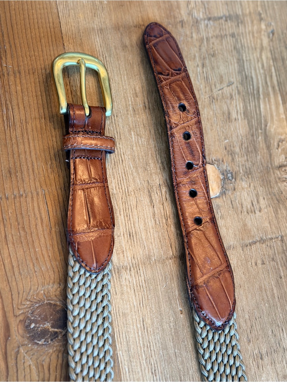 Brighton Beige Woven Elastic Cord Belt Brown Croco Leather Tab. Men’s Sz-36 - Picture 3 of 9